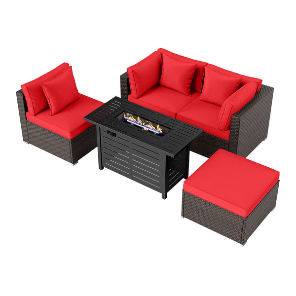 Â 5-piece set for versatile seating arrangements <br>Â Premium PE rattan construction for durability <br>Â Heavy-duty metal frame for stability <br>Â 60 000 BTU 2-in-1 firepit table can be used as a table <br>Â High-density sponge padded cushions for luxu