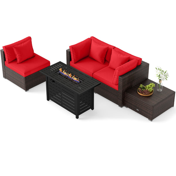 Â 5-piece set for versatile seating arrangements <br>Â Premium PE rattan construction for durability <br>Â Heavy-duty metal frame for stability <br>Â 60 000 BTU 2-in-1 firepit table can be used as a table <br>Â High-density sponge padded cushions for luxu