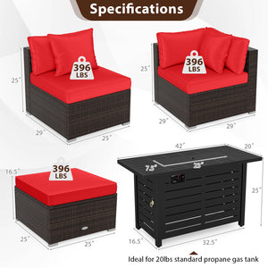 Â 5-piece set for versatile seating arrangements <br>Â Premium PE rattan construction for durability <br>Â Heavy-duty metal frame for stability <br>Â 60 000 BTU 2-in-1 firepit table can be used as a table <br>Â High-density sponge padded cushions for luxu