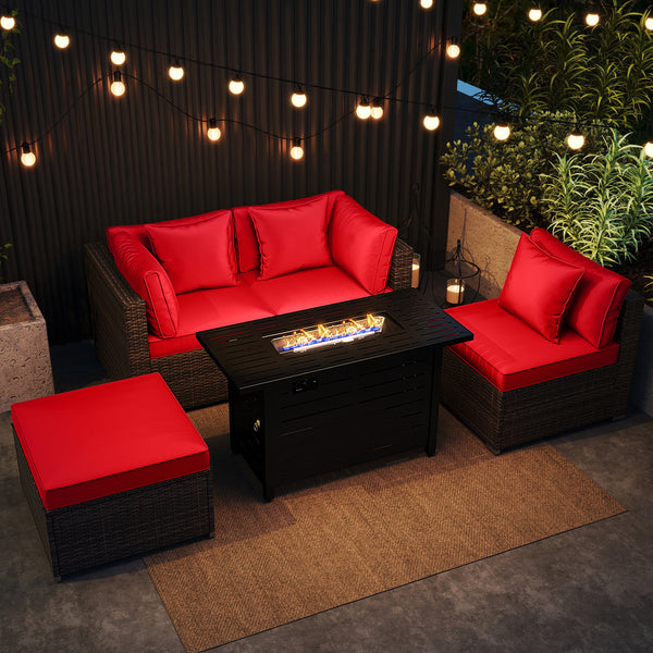 Â 5-piece set for versatile seating arrangements <br>Â Premium PE rattan construction for durability <br>Â Heavy-duty metal frame for stability <br>Â 60 000 BTU 2-in-1 firepit table can be used as a table <br>Â High-density sponge padded cushions for luxu