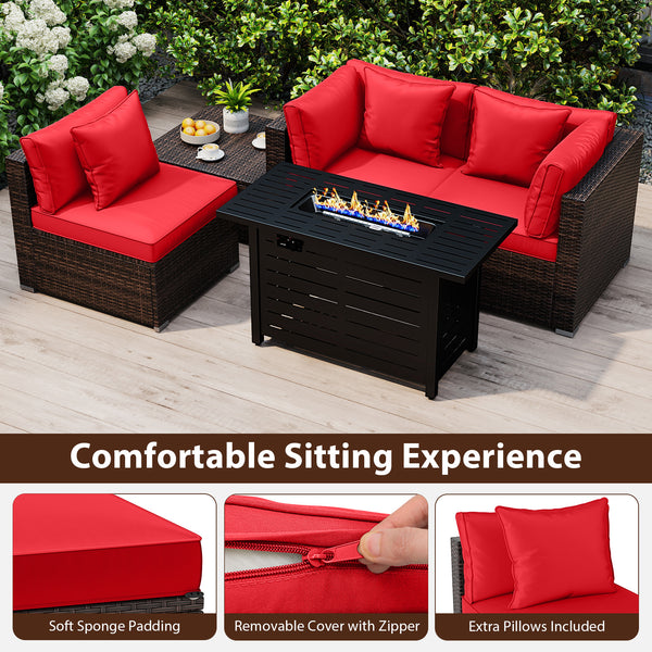Â 5-piece set for versatile seating arrangements <br>Â Premium PE rattan construction for durability <br>Â Heavy-duty metal frame for stability <br>Â 60 000 BTU 2-in-1 firepit table can be used as a table <br>Â High-density sponge padded cushions for luxu