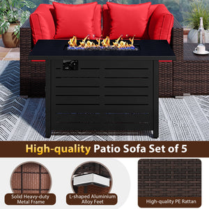 Â 5-piece set for versatile seating arrangements <br>Â Premium PE rattan construction for durability <br>Â Heavy-duty metal frame for stability <br>Â 60 000 BTU 2-in-1 firepit table can be used as a table <br>Â High-density sponge padded cushions for luxu