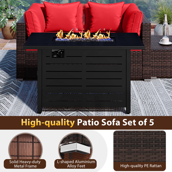 Â 5-piece set for versatile seating arrangements <br>Â Premium PE rattan construction for durability <br>Â Heavy-duty metal frame for stability <br>Â 60 000 BTU 2-in-1 firepit table can be used as a table <br>Â High-density sponge padded cushions for luxu