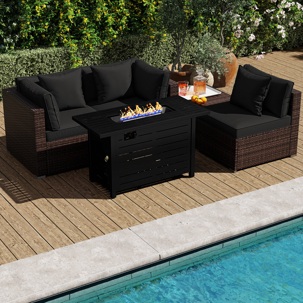 Â 5-piece set for versatile seating arrangements <br>Â Premium PE rattan construction for durability <br>Â Heavy-duty metal frame for stability <br>Â 60 000 BTU 2-in-1 firepit table can be used as a table <br>Â High-density sponge padded cushions for luxu