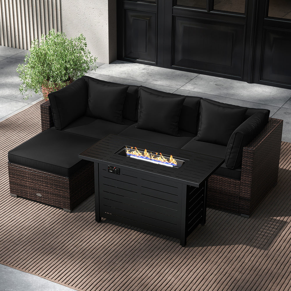 Â 5-piece set for versatile seating arrangements <br>Â Premium PE rattan construction for durability <br>Â Heavy-duty metal frame for stability <br>Â 60 000 BTU 2-in-1 firepit table can be used as a table <br>Â High-density sponge padded cushions for luxu