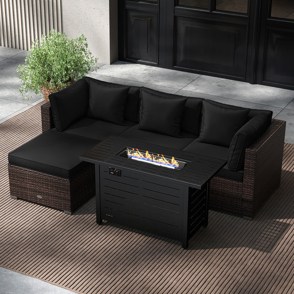 Â 5-piece set for versatile seating arrangements <br>Â Premium PE rattan construction for durability <br>Â Heavy-duty metal frame for stability <br>Â 60 000 BTU 2-in-1 firepit table can be used as a table <br>Â High-density sponge padded cushions for luxu