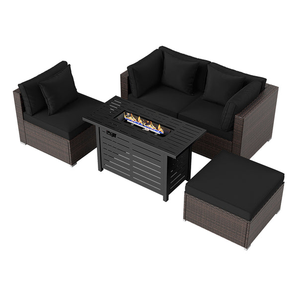 Â 5-piece set for versatile seating arrangements <br>Â Premium PE rattan construction for durability <br>Â Heavy-duty metal frame for stability <br>Â 60 000 BTU 2-in-1 firepit table can be used as a table <br>Â High-density sponge padded cushions for luxu