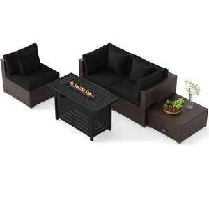 Â 5-piece set for versatile seating arrangements <br>Â Premium PE rattan construction for durability <br>Â Heavy-duty metal frame for stability <br>Â 60 000 BTU 2-in-1 firepit table can be used as a table <br>Â High-density sponge padded cushions for luxu