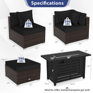 Â 5-piece set for versatile seating arrangements <br>Â Premium PE rattan construction for durability <br>Â Heavy-duty metal frame for stability <br>Â 60 000 BTU 2-in-1 firepit table can be used as a table <br>Â High-density sponge padded cushions for luxu