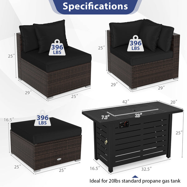Â 5-piece set for versatile seating arrangements <br>Â Premium PE rattan construction for durability <br>Â Heavy-duty metal frame for stability <br>Â 60 000 BTU 2-in-1 firepit table can be used as a table <br>Â High-density sponge padded cushions for luxu