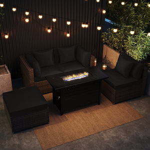 Â 5-piece set for versatile seating arrangements <br>Â Premium PE rattan construction for durability <br>Â Heavy-duty metal frame for stability <br>Â 60 000 BTU 2-in-1 firepit table can be used as a table <br>Â High-density sponge padded cushions for luxu