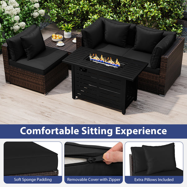Â 5-piece set for versatile seating arrangements <br>Â Premium PE rattan construction for durability <br>Â Heavy-duty metal frame for stability <br>Â 60 000 BTU 2-in-1 firepit table can be used as a table <br>Â High-density sponge padded cushions for luxu
