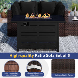 Â 5-piece set for versatile seating arrangements <br>Â Premium PE rattan construction for durability <br>Â Heavy-duty metal frame for stability <br>Â 60 000 BTU 2-in-1 firepit table can be used as a table <br>Â High-density sponge padded cushions for luxu