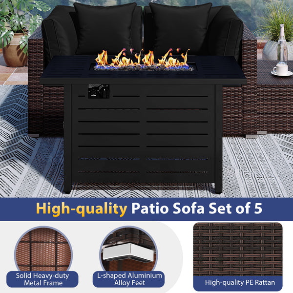Â 5-piece set for versatile seating arrangements <br>Â Premium PE rattan construction for durability <br>Â Heavy-duty metal frame for stability <br>Â 60 000 BTU 2-in-1 firepit table can be used as a table <br>Â High-density sponge padded cushions for luxu