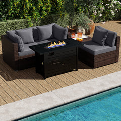Â 5-piece set for versatile seating arrangements <br>Â Premium PE rattan construction for durability <br>Â Heavy-duty metal frame for stability <br>Â 60 000 BTU 2-in-1 firepit table can be used as a table <br>Â High-density sponge padded cushions for luxu