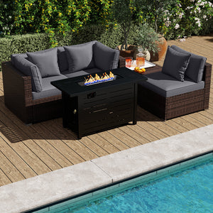 Â 5-piece set for versatile seating arrangements <br>Â Premium PE rattan construction for durability <br>Â Heavy-duty metal frame for stability <br>Â 60 000 BTU 2-in-1 firepit table can be used as a table <br>Â High-density sponge padded cushions for luxu