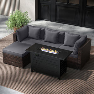 Â 5-piece set for versatile seating arrangements <br>Â Premium PE rattan construction for durability <br>Â Heavy-duty metal frame for stability <br>Â 60 000 BTU 2-in-1 firepit table can be used as a table <br>Â High-density sponge padded cushions for luxu