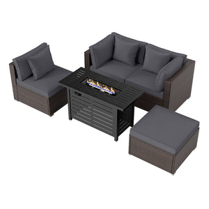 Â 5-piece set for versatile seating arrangements <br>Â Premium PE rattan construction for durability <br>Â Heavy-duty metal frame for stability <br>Â 60 000 BTU 2-in-1 firepit table can be used as a table <br>Â High-density sponge padded cushions for luxu