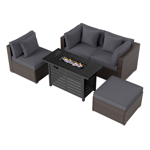Â 5-piece set for versatile seating arrangements <br>Â Premium PE rattan construction for durability <br>Â Heavy-duty metal frame for stability <br>Â 60 000 BTU 2-in-1 firepit table can be used as a table <br>Â High-density sponge padded cushions for luxu