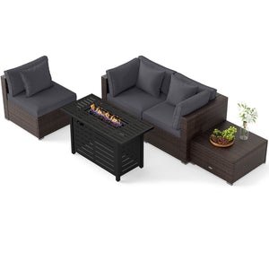 Â 5-piece set for versatile seating arrangements <br>Â Premium PE rattan construction for durability <br>Â Heavy-duty metal frame for stability <br>Â 60 000 BTU 2-in-1 firepit table can be used as a table <br>Â High-density sponge padded cushions for luxu