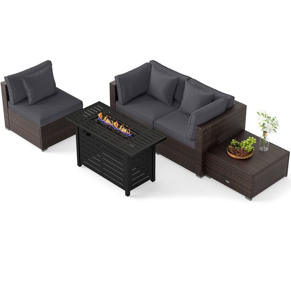 Â 5-piece set for versatile seating arrangements <br>Â Premium PE rattan construction for durability <br>Â Heavy-duty metal frame for stability <br>Â 60 000 BTU 2-in-1 firepit table can be used as a table <br>Â High-density sponge padded cushions for luxu
