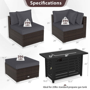 Â 5-piece set for versatile seating arrangements <br>Â Premium PE rattan construction for durability <br>Â Heavy-duty metal frame for stability <br>Â 60 000 BTU 2-in-1 firepit table can be used as a table <br>Â High-density sponge padded cushions for luxu