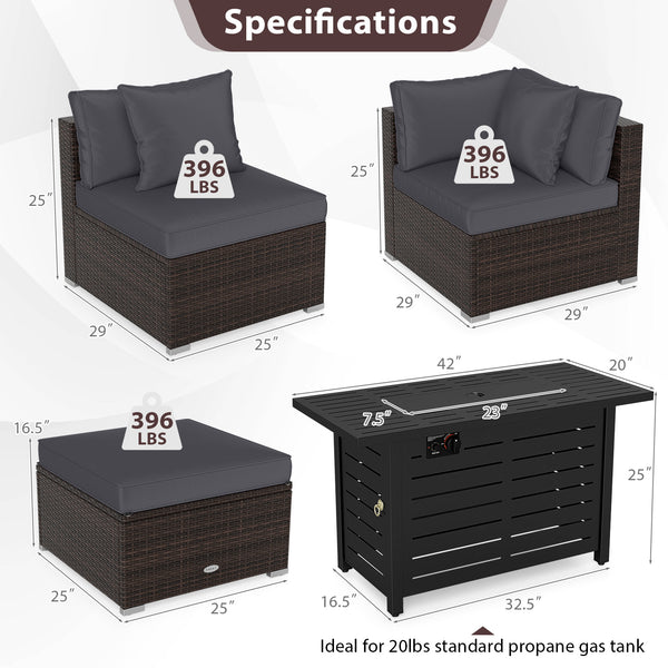 Â 5-piece set for versatile seating arrangements <br>Â Premium PE rattan construction for durability <br>Â Heavy-duty metal frame for stability <br>Â 60 000 BTU 2-in-1 firepit table can be used as a table <br>Â High-density sponge padded cushions for luxu