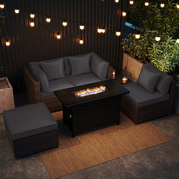Â 5-piece set for versatile seating arrangements <br>Â Premium PE rattan construction for durability <br>Â Heavy-duty metal frame for stability <br>Â 60 000 BTU 2-in-1 firepit table can be used as a table <br>Â High-density sponge padded cushions for luxu