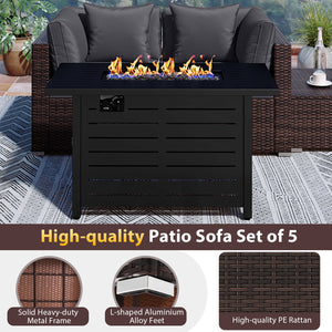 Â 5-piece set for versatile seating arrangements <br>Â Premium PE rattan construction for durability <br>Â Heavy-duty metal frame for stability <br>Â 60 000 BTU 2-in-1 firepit table can be used as a table <br>Â High-density sponge padded cushions for luxu