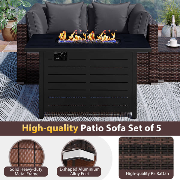 Â 5-piece set for versatile seating arrangements <br>Â Premium PE rattan construction for durability <br>Â Heavy-duty metal frame for stability <br>Â 60 000 BTU 2-in-1 firepit table can be used as a table <br>Â High-density sponge padded cushions for luxu