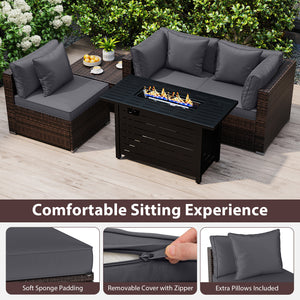 Â 5-piece set for versatile seating arrangements <br>Â Premium PE rattan construction for durability <br>Â Heavy-duty metal frame for stability <br>Â 60 000 BTU 2-in-1 firepit table can be used as a table <br>Â High-density sponge padded cushions for luxu
