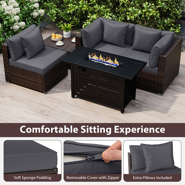 Â 5-piece set for versatile seating arrangements <br>Â Premium PE rattan construction for durability <br>Â Heavy-duty metal frame for stability <br>Â 60 000 BTU 2-in-1 firepit table can be used as a table <br>Â High-density sponge padded cushions for luxu
