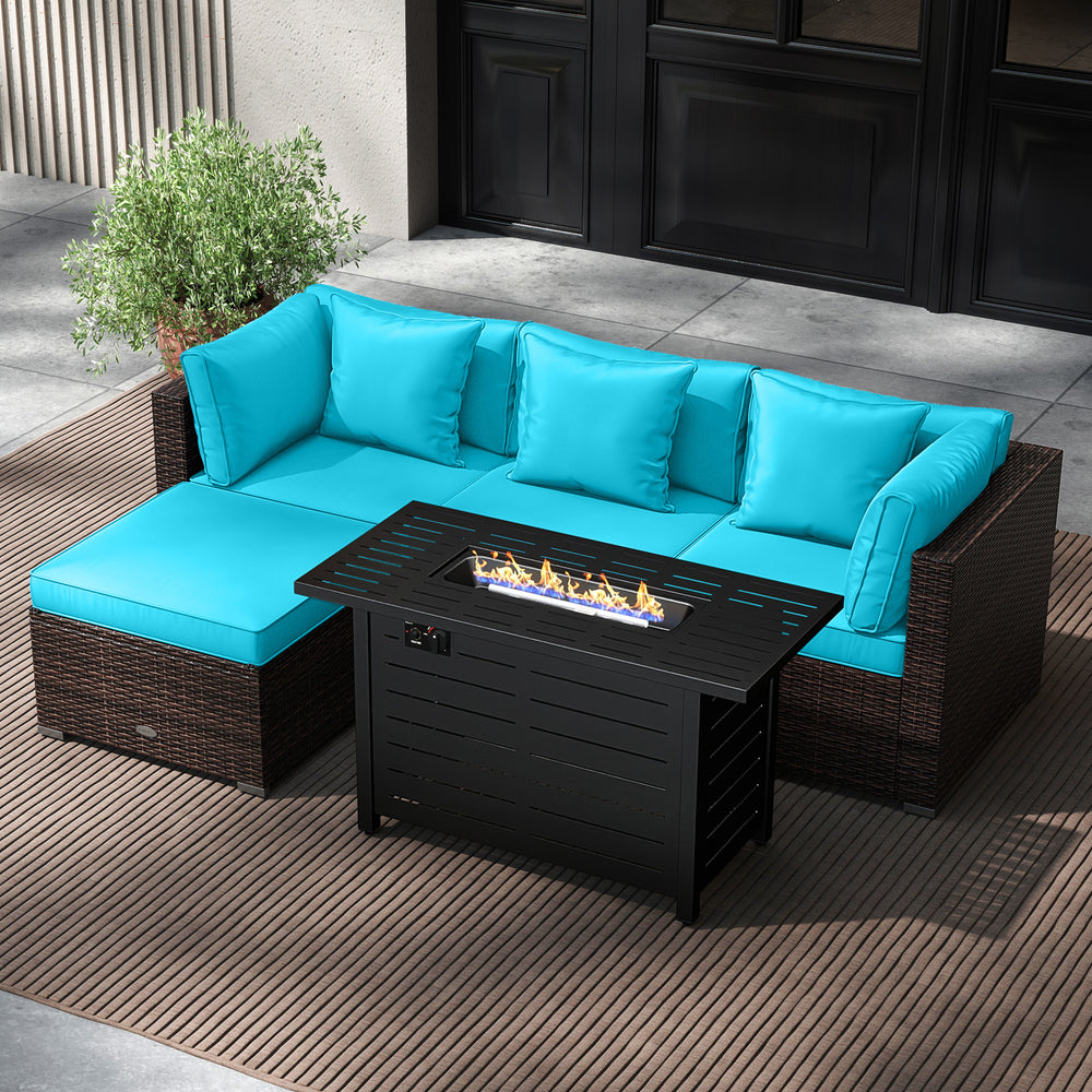 Â 5-piece set for versatile seating arrangements <br>Â Premium PE rattan construction for durability <br>Â Heavy-duty metal frame for stability <br>Â 60 000 BTU 2-in-1 firepit table can be used as a table <br>Â High-density sponge padded cushions for luxu