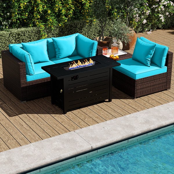 Â 5-piece set for versatile seating arrangements <br>Â Premium PE rattan construction for durability <br>Â Heavy-duty metal frame for stability <br>Â 60 000 BTU 2-in-1 firepit table can be used as a table <br>Â High-density sponge padded cushions for luxu