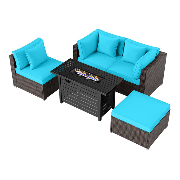 Â 5-piece set for versatile seating arrangements <br>Â Premium PE rattan construction for durability <br>Â Heavy-duty metal frame for stability <br>Â 60 000 BTU 2-in-1 firepit table can be used as a table <br>Â High-density sponge padded cushions for luxu