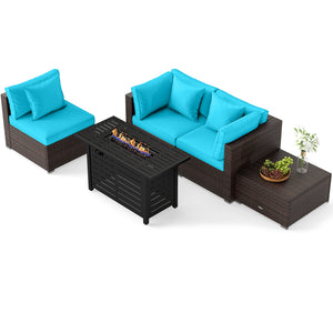 Â 5-piece set for versatile seating arrangements <br>Â Premium PE rattan construction for durability <br>Â Heavy-duty metal frame for stability <br>Â 60 000 BTU 2-in-1 firepit table can be used as a table <br>Â High-density sponge padded cushions for luxu