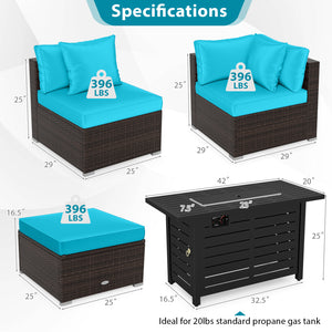 Â 5-piece set for versatile seating arrangements <br>Â Premium PE rattan construction for durability <br>Â Heavy-duty metal frame for stability <br>Â 60 000 BTU 2-in-1 firepit table can be used as a table <br>Â High-density sponge padded cushions for luxu