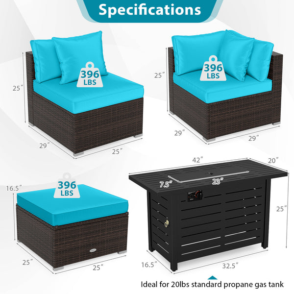 Â 5-piece set for versatile seating arrangements <br>Â Premium PE rattan construction for durability <br>Â Heavy-duty metal frame for stability <br>Â 60 000 BTU 2-in-1 firepit table can be used as a table <br>Â High-density sponge padded cushions for luxu