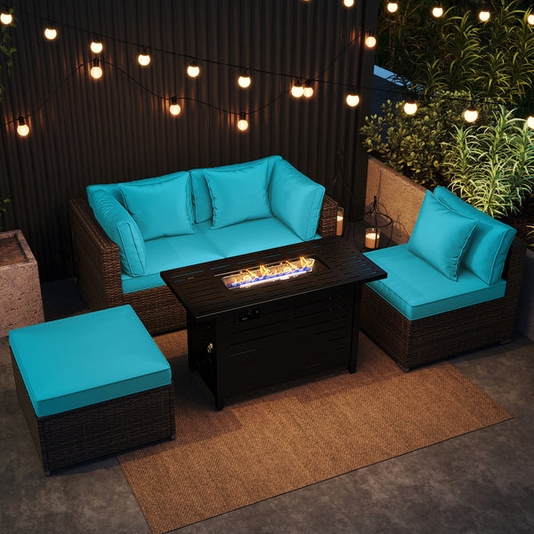 Â 5-piece set for versatile seating arrangements <br>Â Premium PE rattan construction for durability <br>Â Heavy-duty metal frame for stability <br>Â 60 000 BTU 2-in-1 firepit table can be used as a table <br>Â High-density sponge padded cushions for luxu