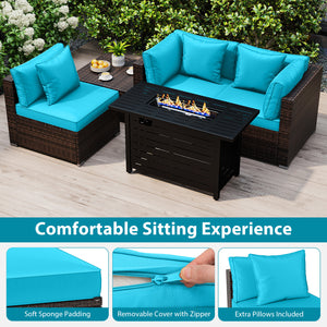 Â 5-piece set for versatile seating arrangements <br>Â Premium PE rattan construction for durability <br>Â Heavy-duty metal frame for stability <br>Â 60 000 BTU 2-in-1 firepit table can be used as a table <br>Â High-density sponge padded cushions for luxu