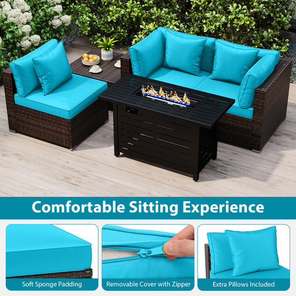 Â 5-piece set for versatile seating arrangements <br>Â Premium PE rattan construction for durability <br>Â Heavy-duty metal frame for stability <br>Â 60 000 BTU 2-in-1 firepit table can be used as a table <br>Â High-density sponge padded cushions for luxu