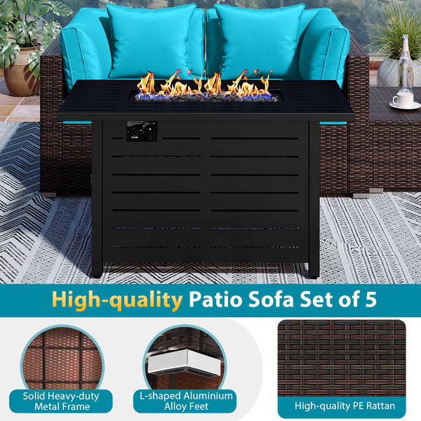 Â 5-piece set for versatile seating arrangements <br>Â Premium PE rattan construction for durability <br>Â Heavy-duty metal frame for stability <br>Â 60 000 BTU 2-in-1 firepit table can be used as a table <br>Â High-density sponge padded cushions for luxu