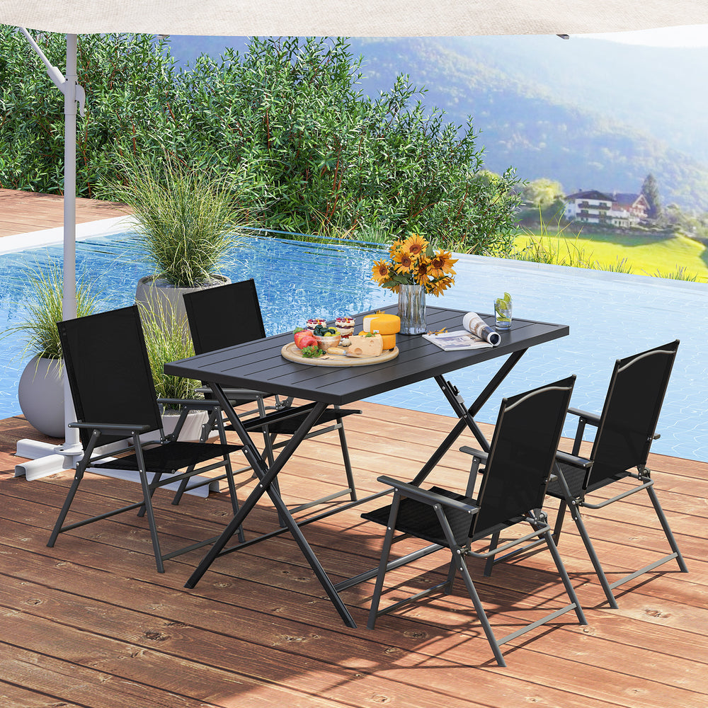 Â Includes a metal square table and 4 armchairs for outdoor gatherings<br>Â Ideal for intimate gatherings  al fresco dining and bistro experiences<br>Â Easy  quick  and effortless to fold into a flat size  save floor space<br>Â Foldable design  stay away 
