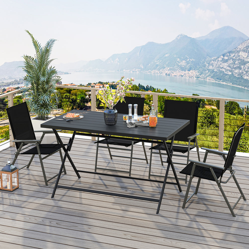 Â Includes a metal square table and 4 armchairs for outdoor gatherings<br>Â Ideal for intimate gatherings  al fresco dining and bistro experiences<br>Â Easy  quick  and effortless to fold into a flat size  save floor space<br>Â Foldable design  stay away 