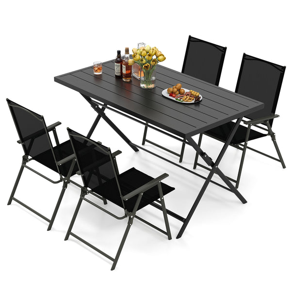 Â Includes a metal square table and 4 armchairs for outdoor gatherings<br>Â Ideal for intimate gatherings  al fresco dining and bistro experiences<br>Â Easy  quick  and effortless to fold into a flat size  save floor space<br>Â Foldable design  stay away 