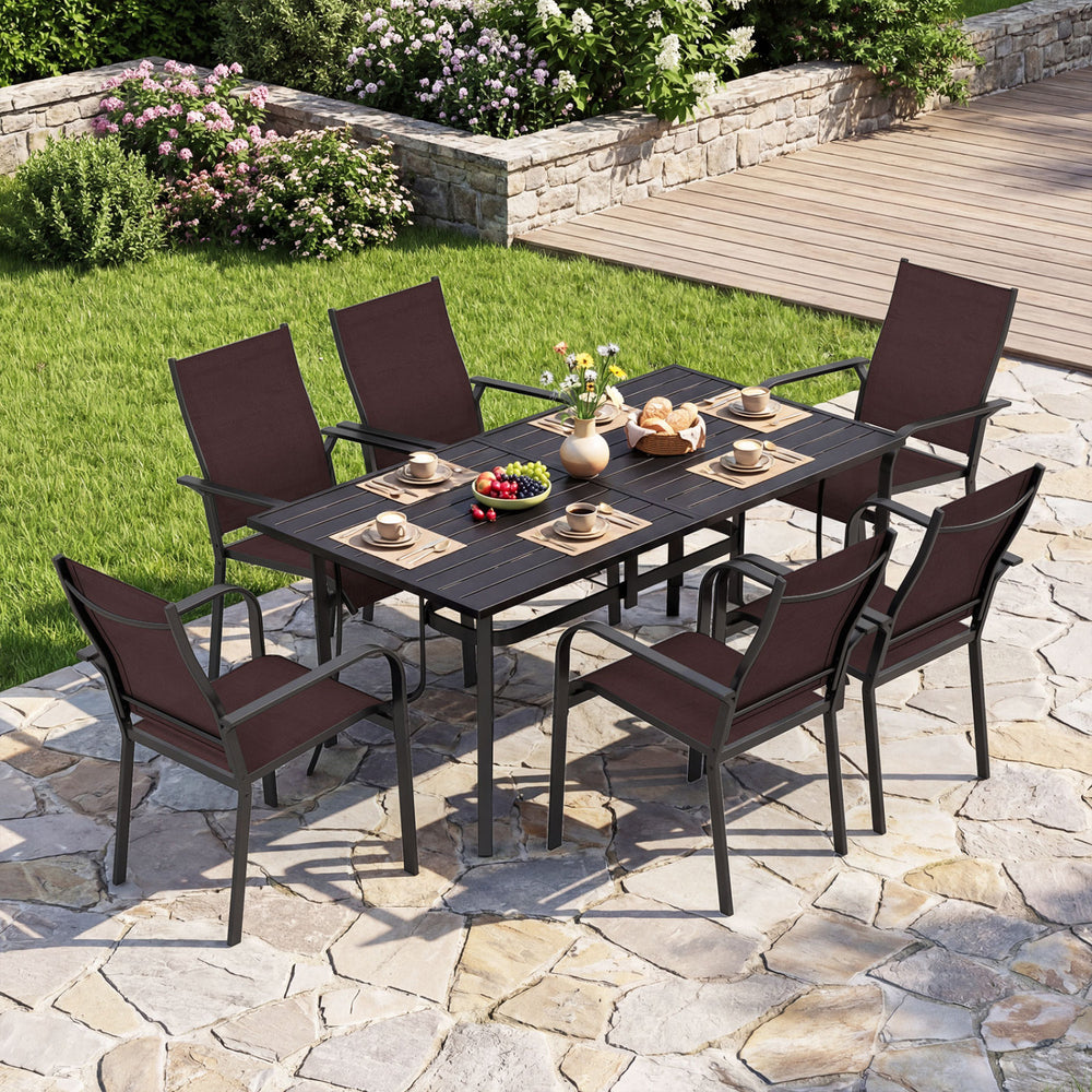 63" x 33" large rectangular tabletop for ample space<br>Dual-size umbrella holes with lids for fitting various standard patio umbrellas<br>Umbrella poles remain steady with the bottom fixing ring<br>Umbrella base needed (not included)<br>Curved armrests a