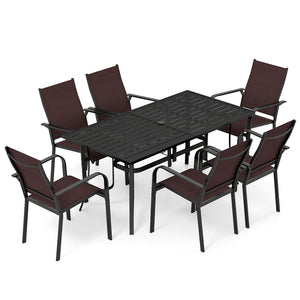 63" x 33" large rectangular tabletop for ample space<br>Dual-size umbrella holes with lids for fitting various standard patio umbrellas<br>Umbrella poles remain steady with the bottom fixing ring<br>Umbrella base needed (not included)<br>Curved armrests a