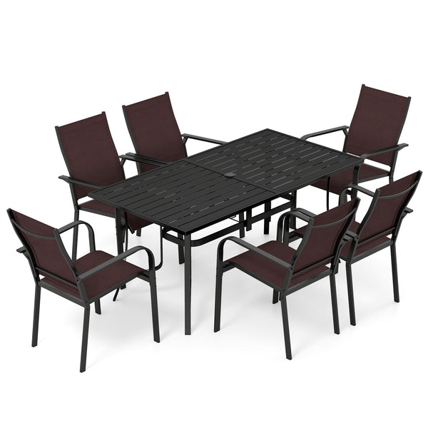 63" x 33" large rectangular tabletop for ample space<br>Dual-size umbrella holes with lids for fitting various standard patio umbrellas<br>Umbrella poles remain steady with the bottom fixing ring<br>Umbrella base needed (not included)<br>Curved armrests a