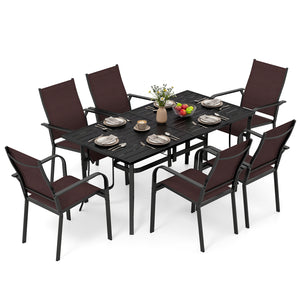 63" x 33" large rectangular tabletop for ample space<br>Dual-size umbrella holes with lids for fitting various standard patio umbrellas<br>Umbrella poles remain steady with the bottom fixing ring<br>Umbrella base needed (not included)<br>Curved armrests a
