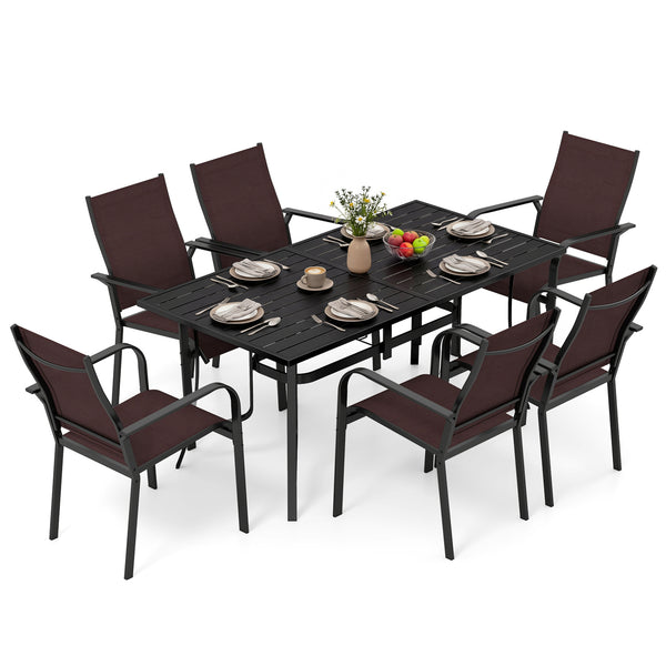 63" x 33" large rectangular tabletop for ample space<br>Dual-size umbrella holes with lids for fitting various standard patio umbrellas<br>Umbrella poles remain steady with the bottom fixing ring<br>Umbrella base needed (not included)<br>Curved armrests a